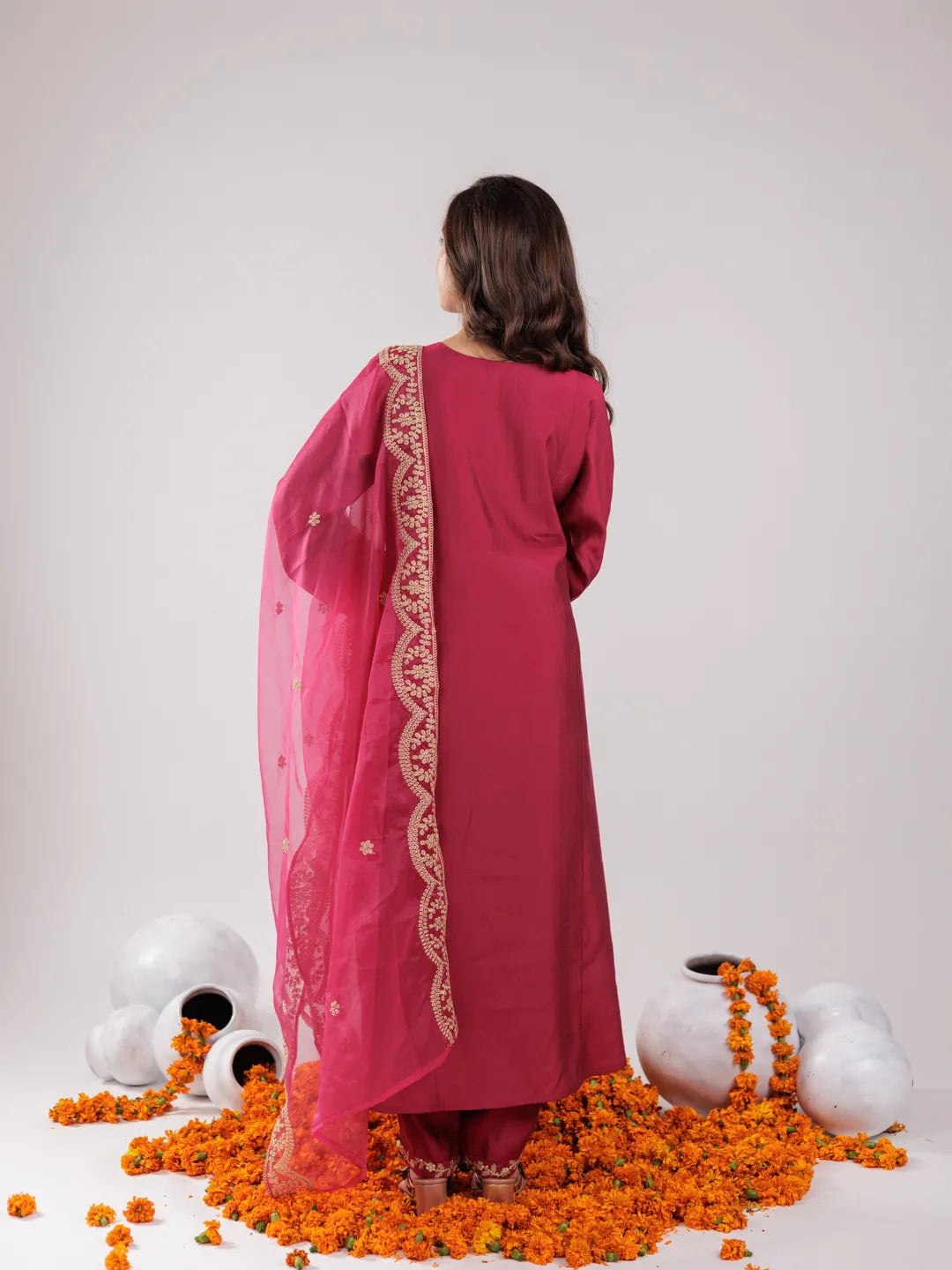 Yufta Hot Pink Silk Embroidered Kurta Dupatta Set | Grocsy