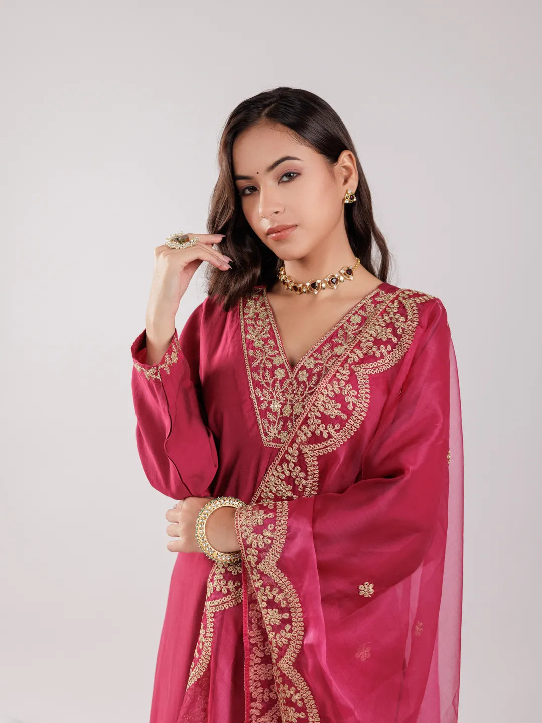 Yufta Hot Pink Silk Embroidered Kurta Dupatta Set | Grocsy