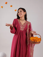 Yufta Hot Pink Silk Embroidered Kurta Dupatta Set | Grocsy