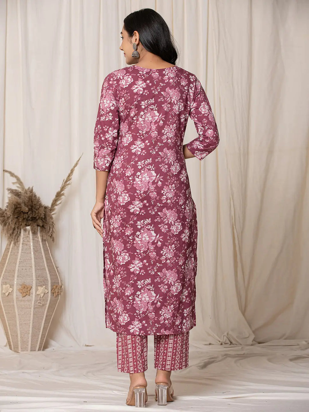 Yufta Burgundy Thread_Work Cotton Straight Kurta Trouser & Dupatta Set | Grocsy