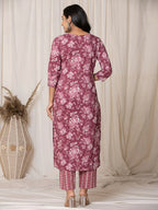 Yufta Burgundy Thread_Work Cotton Straight Kurta Trouser & Dupatta Set | Grocsy
