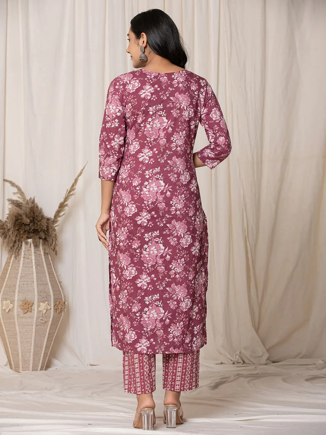 Yufta Burgundy Thread_Work Cotton Straight Kurta Trouser & Dupatta Set | Grocsy