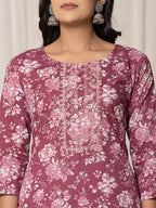 Yufta Burgundy Thread_Work Cotton Straight Kurta Trouser & Dupatta Set | Grocsy