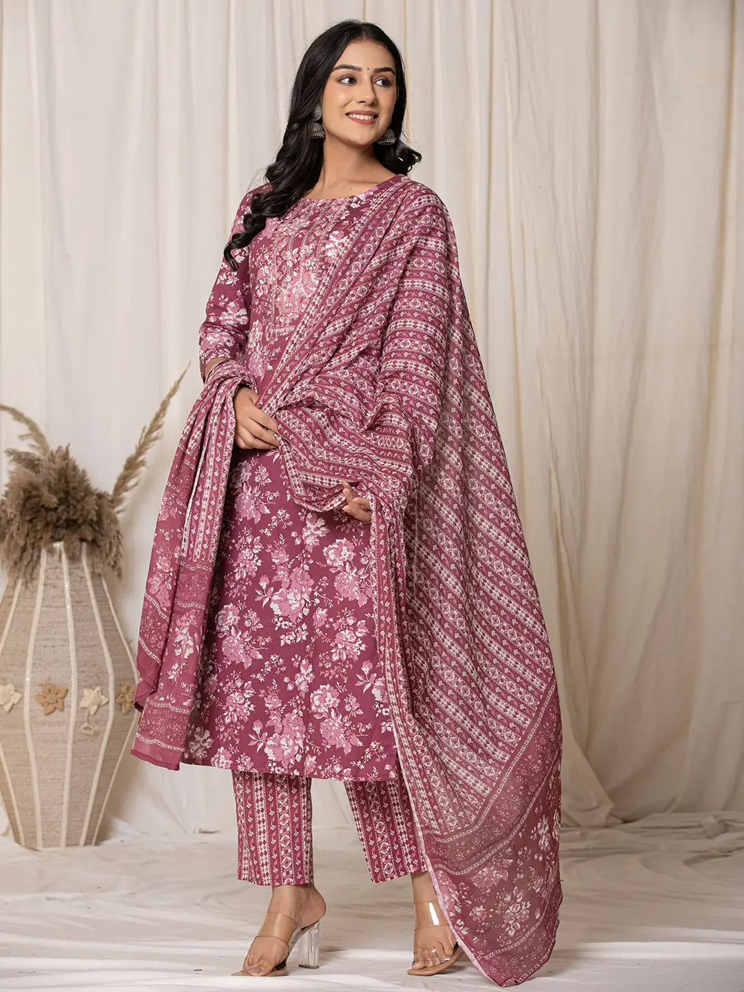 Yufta Burgundy Thread_Work Cotton Straight Kurta Trouser & Dupatta Set | Grocsy