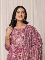 Yufta Burgundy Thread_Work Cotton Straight Kurta Trouser & Dupatta Set | Grocsy