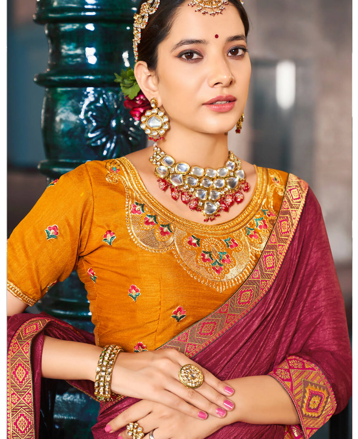 Maroon Solid Vichitra Saree With Unstitched Blouse Piece - Selena | Grocsy