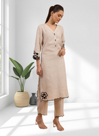 Joban Fashion Beige Linen Embroidered Readymade Long Kurta With Pant | Grocsy