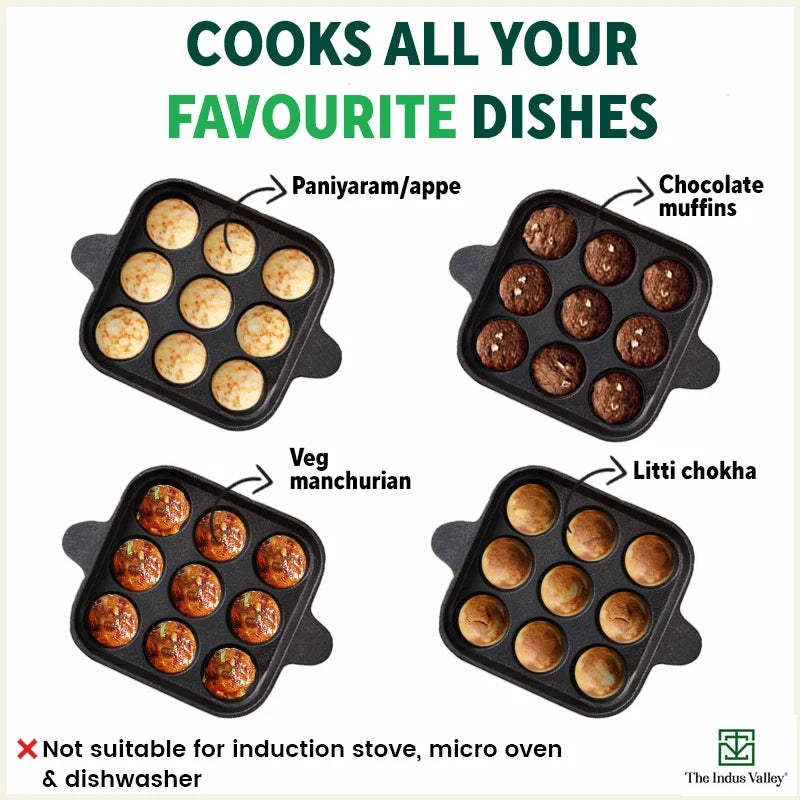 The Indus Valley 9 Pit/Cup CASTrong Cast Iron Paniyaram/Appe Pan+ Spatula, Pre-seasoned, Natural Nonstick, 100% Pure, Toxin-free, 18.2 cm, 1.34 kg | Grocsy