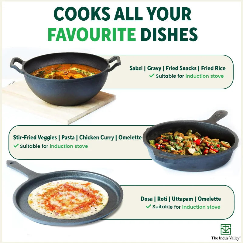The Indus Valley CASTrong Cast Iron Cookware Set: Tawa+ Kadai+ Frypan, Kitchen Set for Home, Pre-seasoned, 100% Pure, Induction, Tadka Pan | Grocsy
