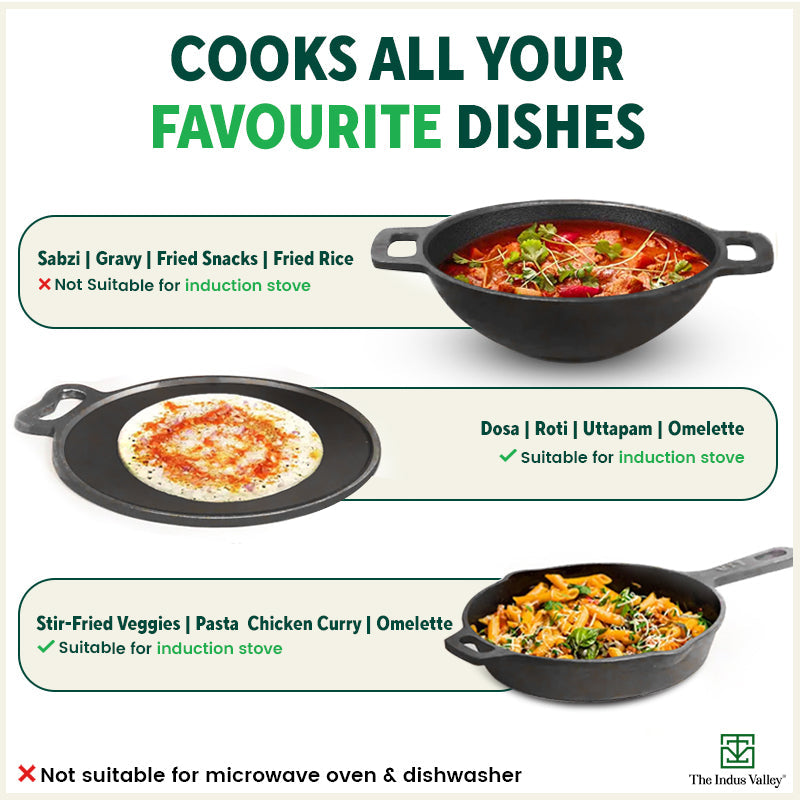 The Indus Valley Super Smooth Cast Iron Set: Frypan+ Kadai+ Tawa, Kitchen set for Home, Nonstick, 100% Pure,Toxin-free, Tadka Pan | Grocsy