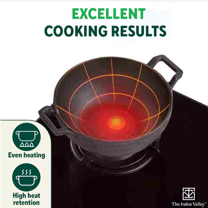The Indus Valley CASTrong Cast Iron Kadai, Pre-seasoned, Nonstick, 100% Pure, Toxin-free, Induction, 21/25cm, 1.7L/3.3kg | Grocsy