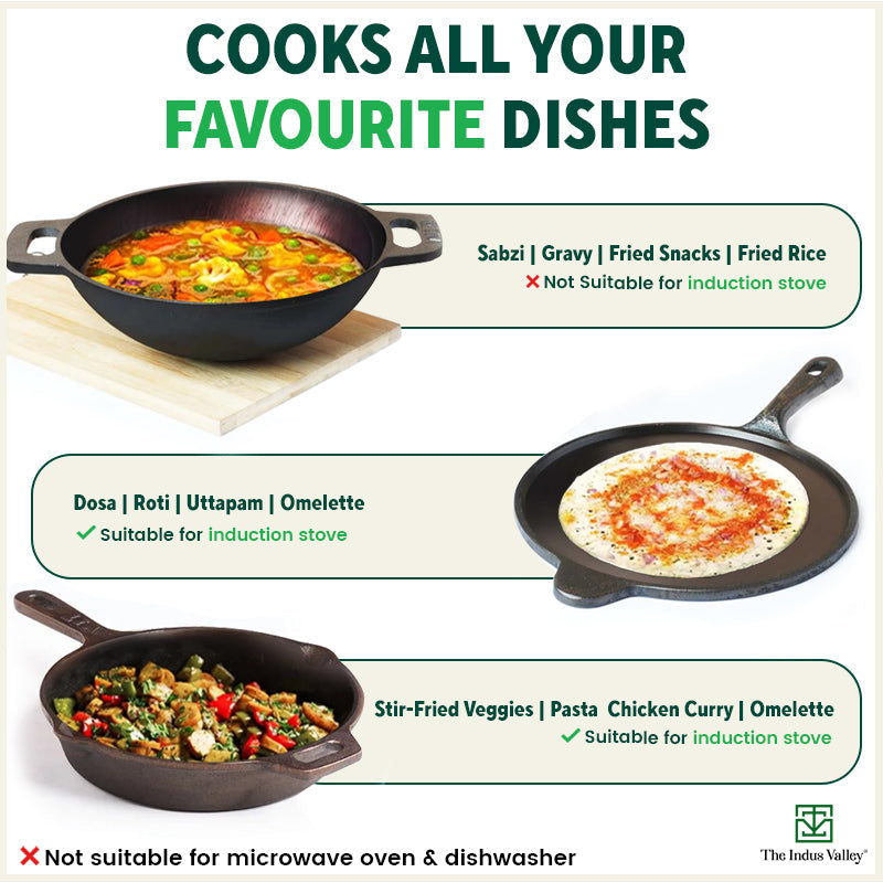 The Indus Valley Super Smooth Cast Iron Set: Kadai+ Tawa+ Frypan, Kitchen set for Home, Nonstick, 100% Pure, Toxin-free, Tadka Pan | Grocsy