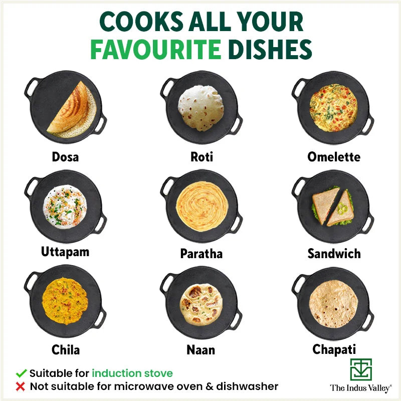 The Indus Valley CASTrong Cast Iron Roti/Dosa Tawa, Pre-seasoned, Nonstick, 100% Pure, Toxin-free, Gas & Induction,Spatula, 30.2cm, 2.4kg | Grocsy