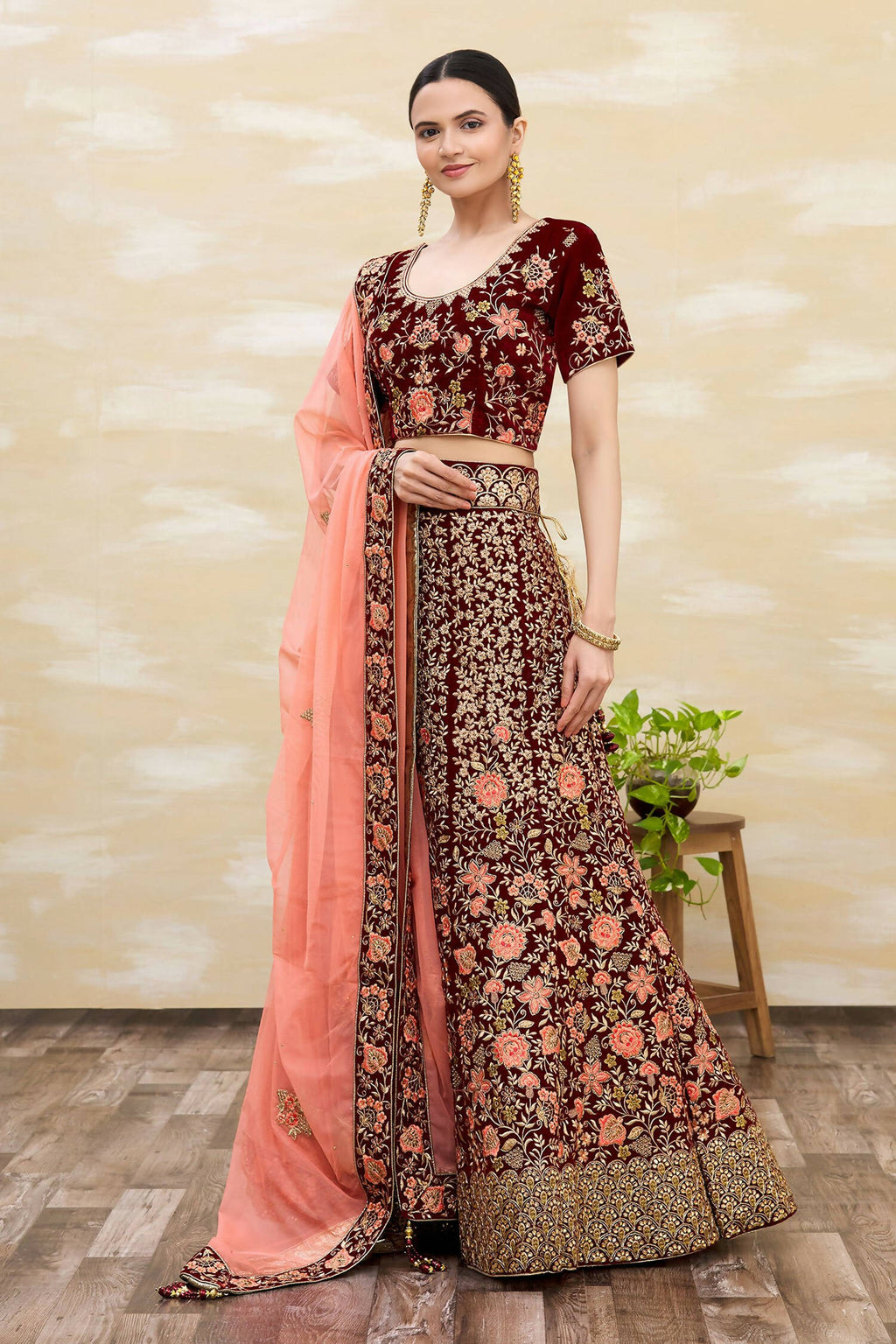 Maroon Velvet Semi-Stitched Wedding Bridal Lehenga - Nimaya | Grocsy