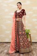 Maroon Velvet Semi-Stitched Wedding Bridal Lehenga - Nimaya | Grocsy