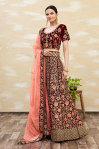 Maroon Velvet Semi-Stitched Wedding Bridal Lehenga - Nimaya | Grocsy