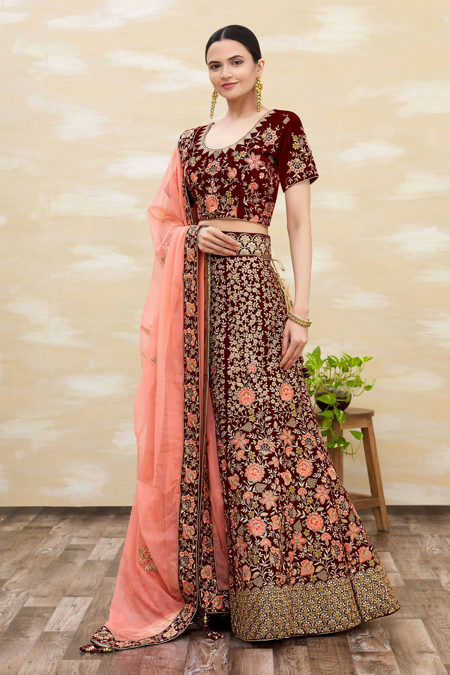Maroon Velvet Semi-Stitched Wedding Bridal Lehenga - Nimaya | Grocsy