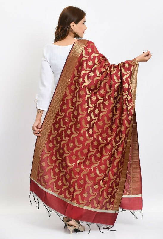 Mominos Fashion Moeza Women's Banarsi Silk Floral Woven Design Maroon Dupatta | Grocsy