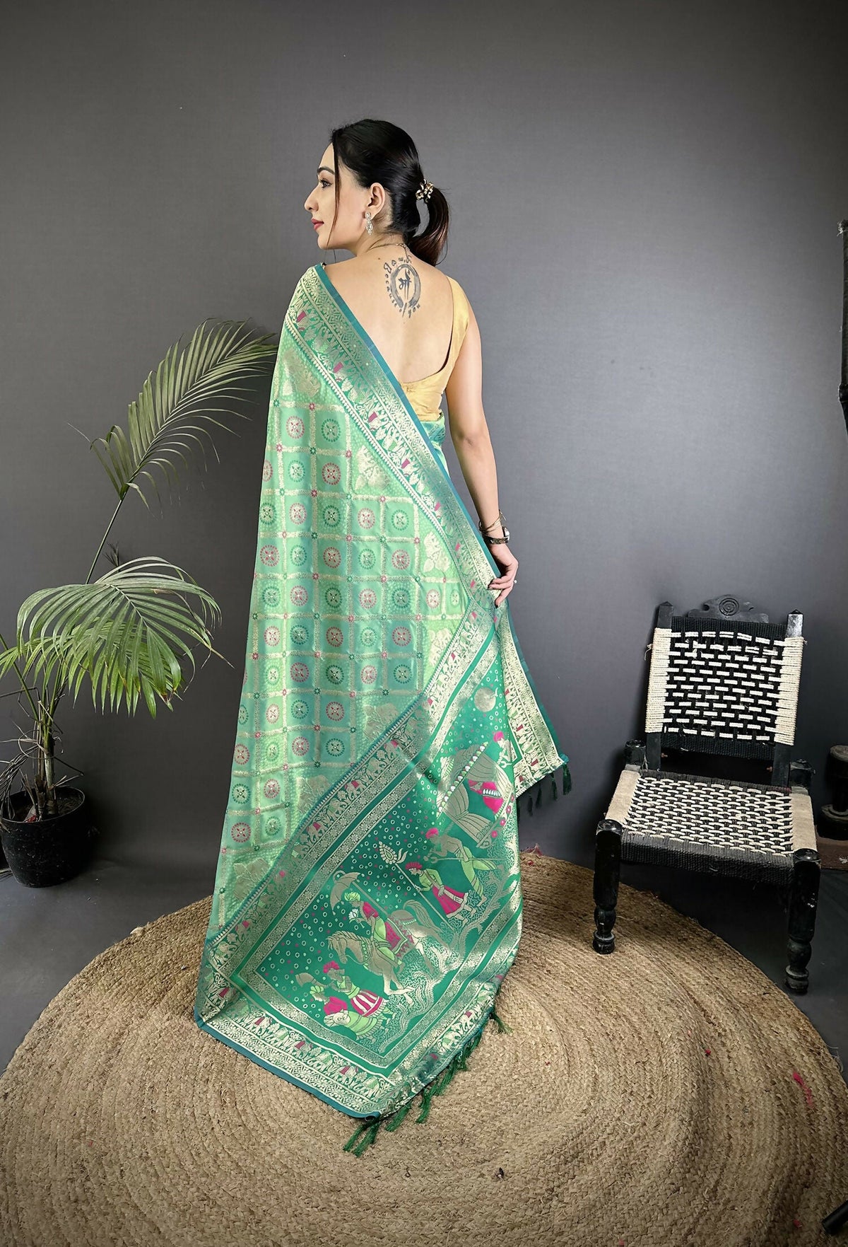 Joban Fashion Aqua Green Geometric Pattern Soft Silk Patola Saree | Grocsy