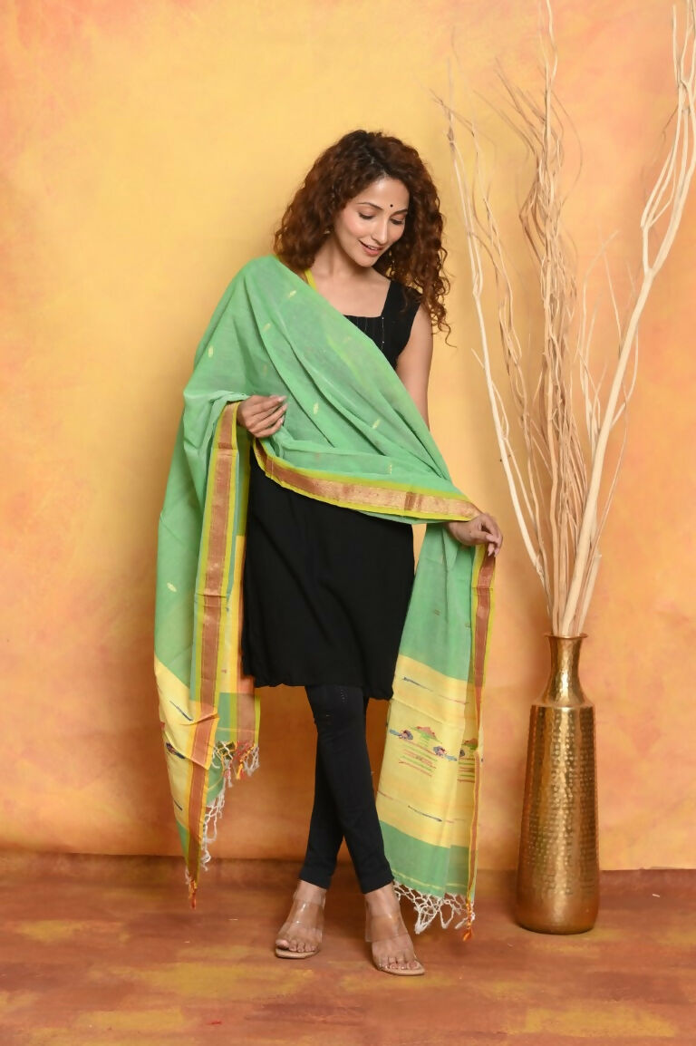 Very Much Indian Handloom Pure Cotton Paithani Dupatta - Green | Grocsy