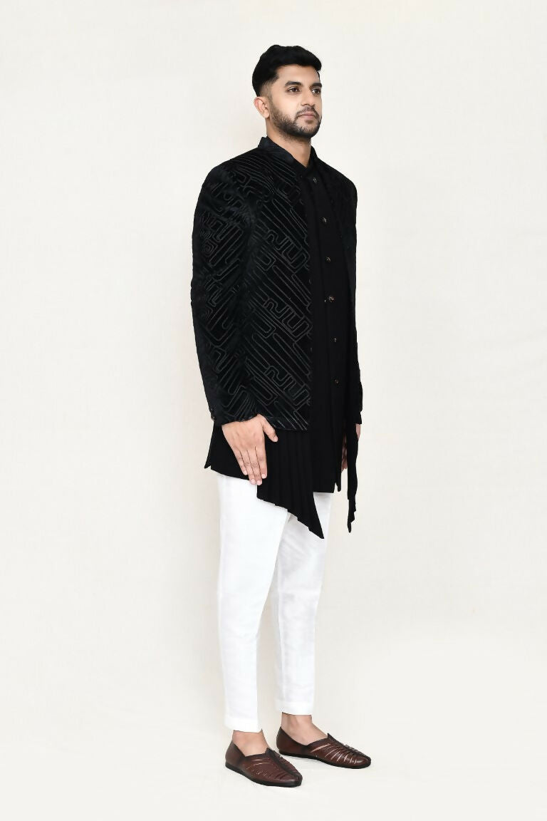 Joban Fashion Black Colored Velvet Based With Full Embroidered Fabric Open Jacket, Indo Western With Pant | Grocsy