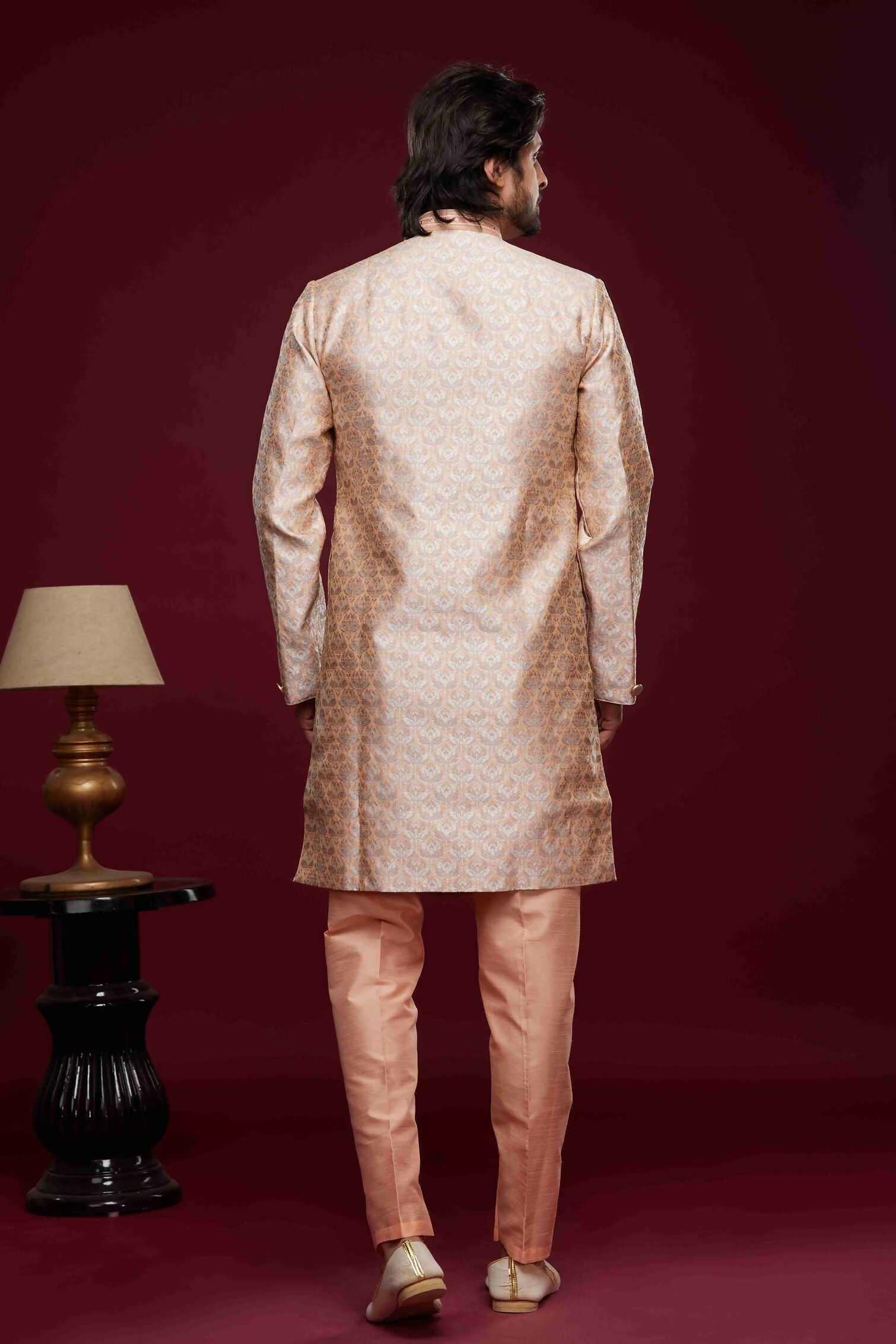 Raivat Ethnic Banarasi Jacquard Embroidery Semi Indo Western Sherwani In Peach Colour | Grocsy