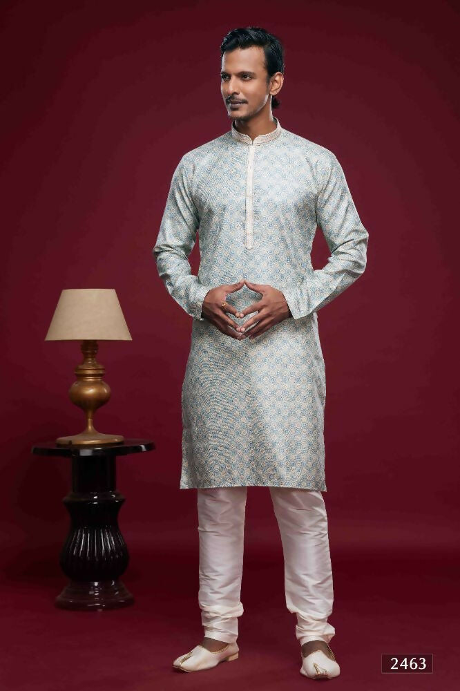 Raivat Ethnic Art Silk Digital Print Pintux Work Kurta Pajama In Sky Blue Colour | Grocsy