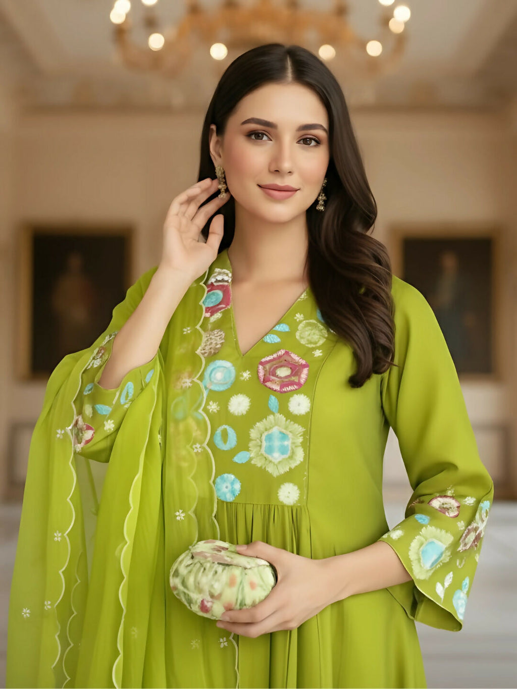 The52 Women's Beautiful Embroidery Work Viscose Silk Fabric Flared Kurta Pant and Dupatta Set-Liril | Grocsy