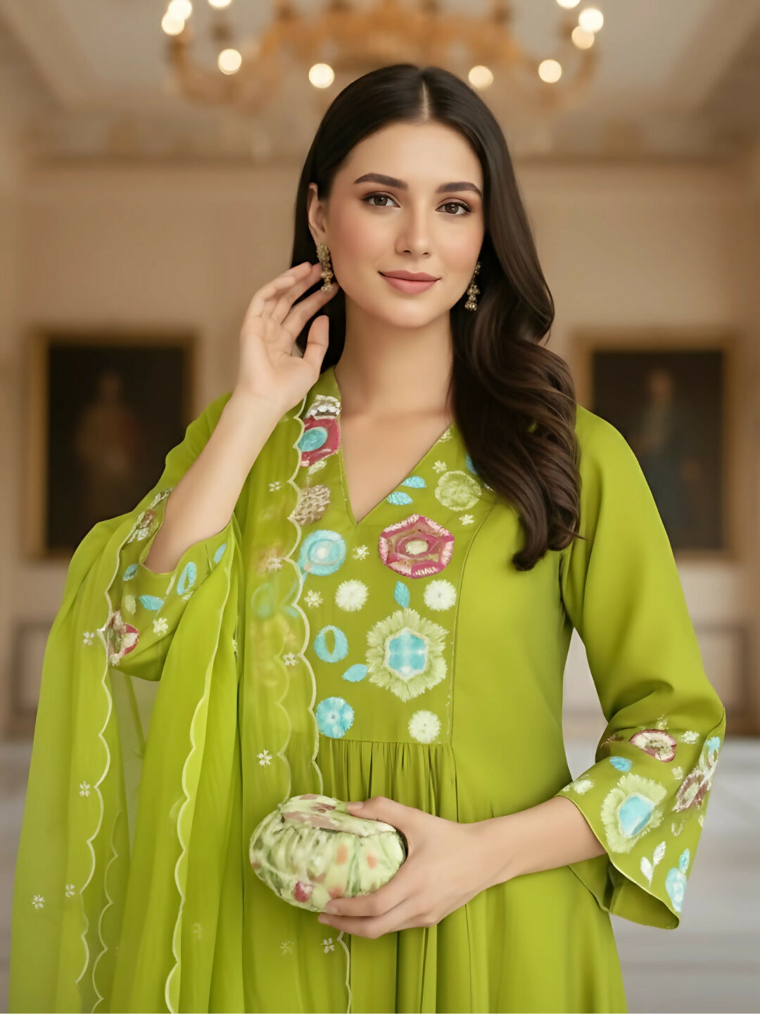 The52 Women's Beautiful Embroidery Work Viscose Silk Fabric Flared Kurta Pant and Dupatta Set-Liril | Grocsy