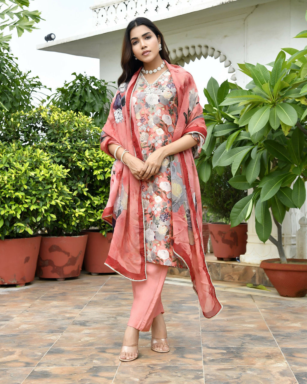 Vaasva Women's Rust Tissue Gota Embroidered Suit Set With Solid Pant And Embroidered Dupatta | Grocsy