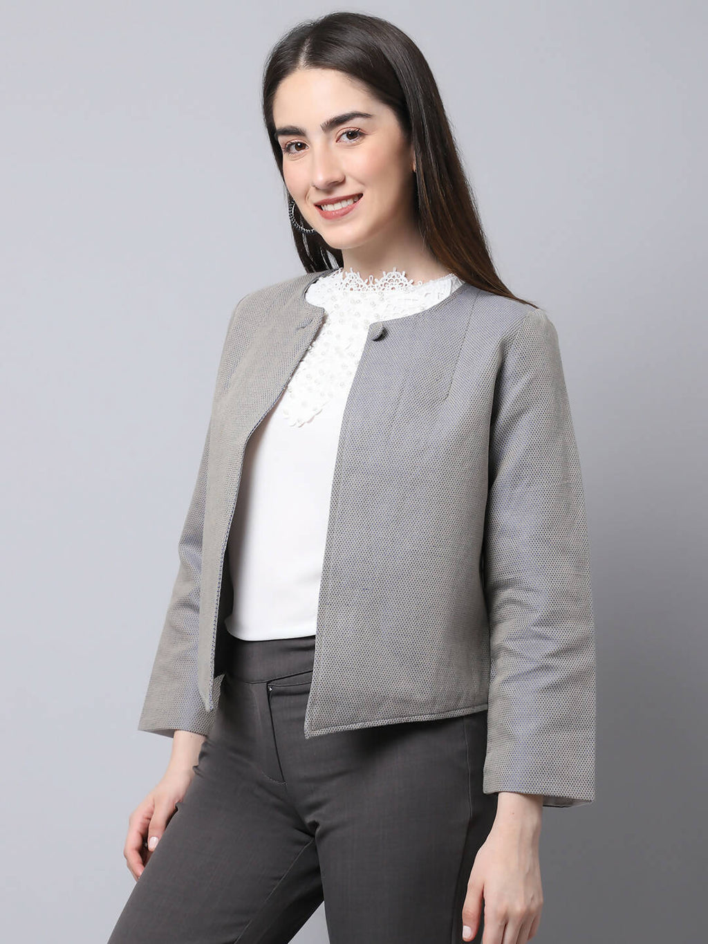 Even Apparels Grey Polywool Open Front Statement Women's Jacket (BF006) | Grocsy