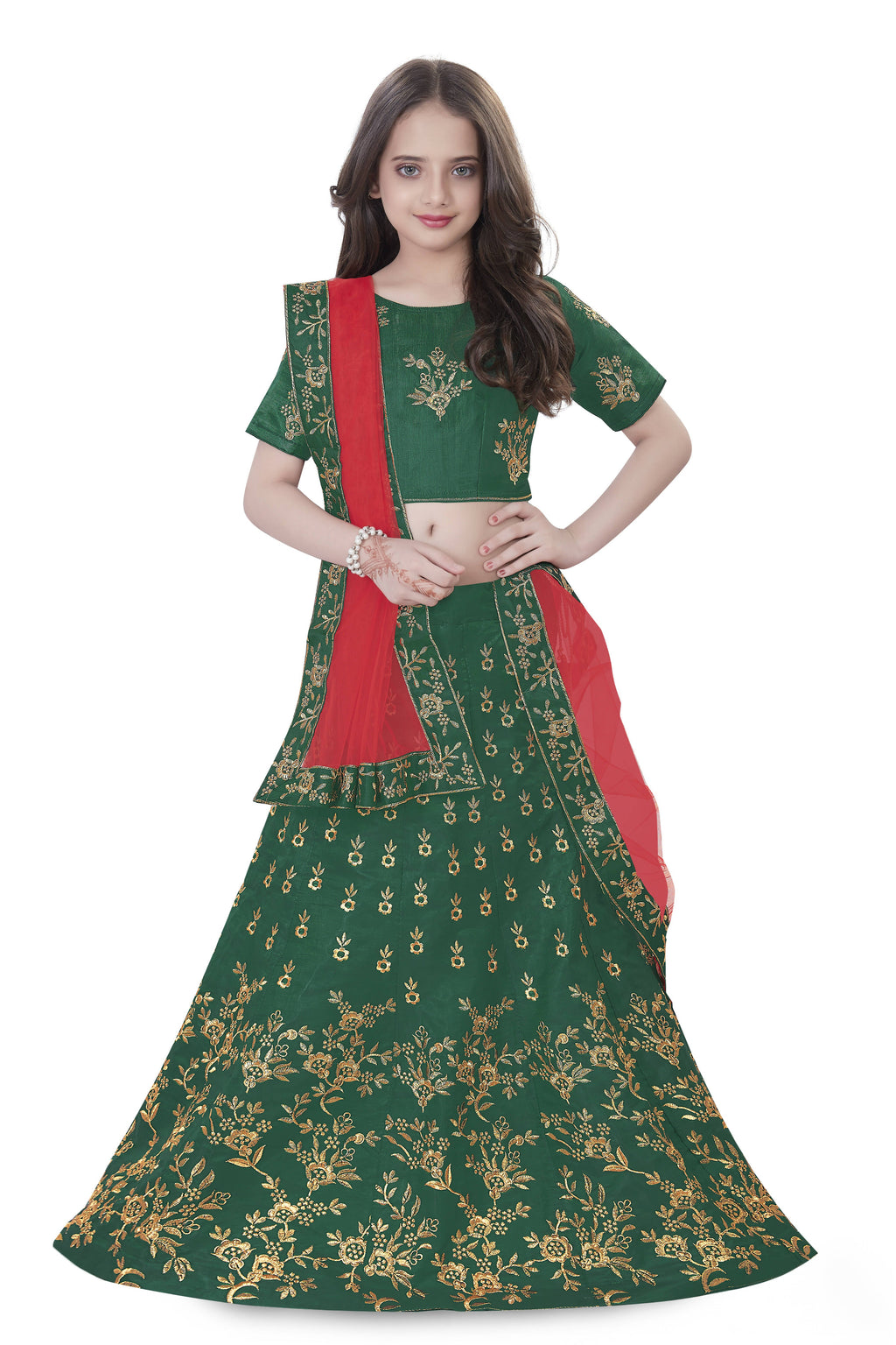Dwiden Green Baby Doll Tafetta Sattin Semi-Stitched Girl's Lehenga Choli | Grocsy