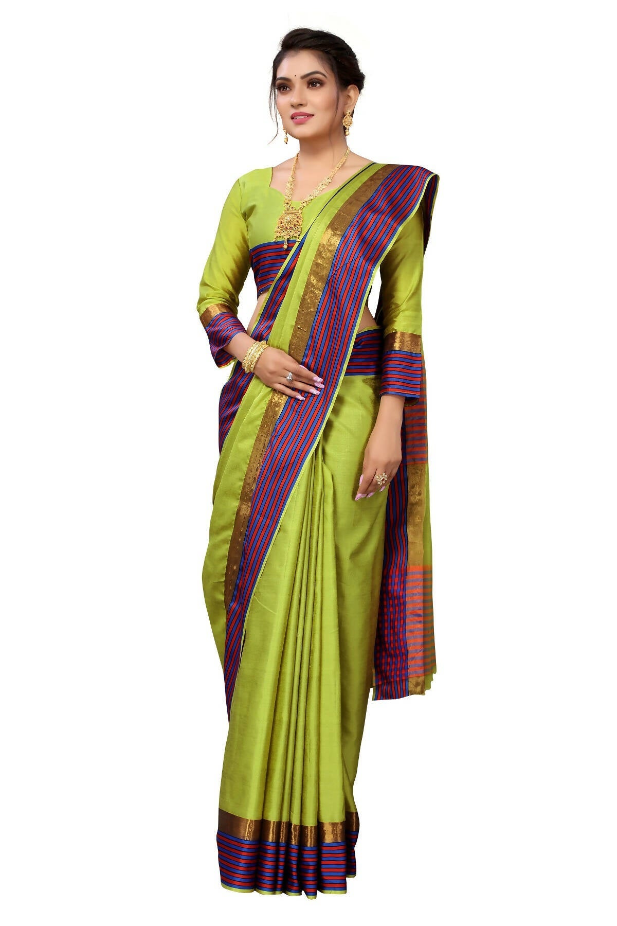 Vamika Ethnic Fire Parrot Green Cotton Silk Saree | Grocsy