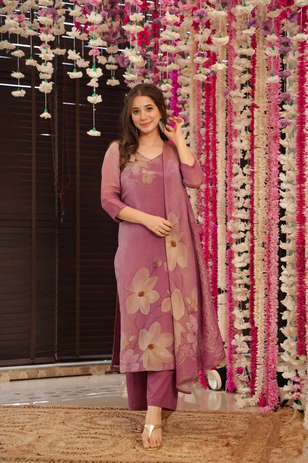 The52 Onion Gorgeous Floral Printed Zarna Silk Fabric Straight Kurta Pant with Dupatta Set | Grocsy