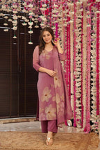 The52 Onion Gorgeous Floral Printed Zarna Silk Fabric Straight Kurta Pant with Dupatta Set | Grocsy