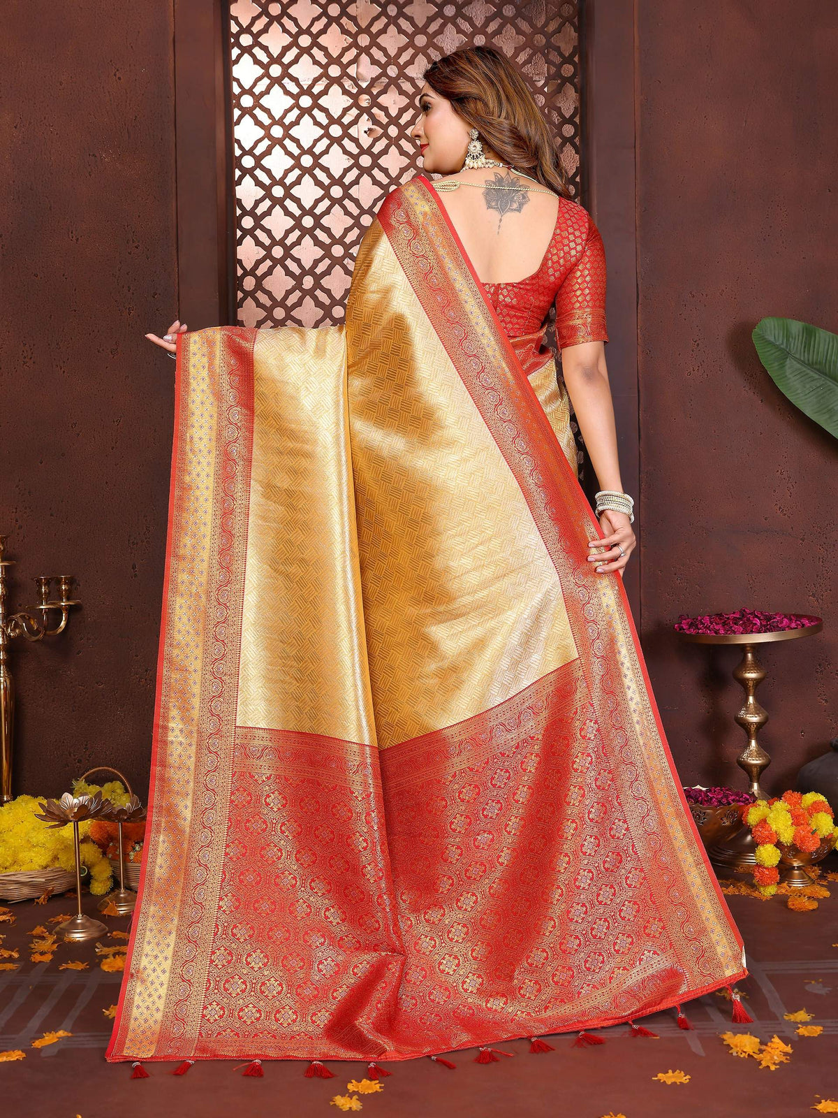 Aastha Fashion Cream Tissue Silk Woven Saree | Grocsy