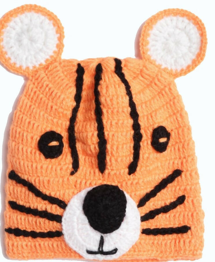 Chutput Kids Woollen Hand Knitted Tiger Detail Cap - Orange | Grocsy
