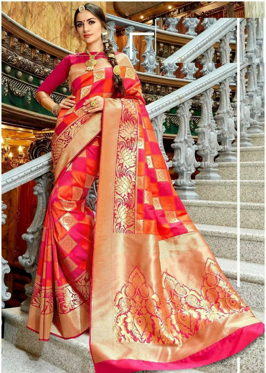 DEIANA'S Beautiful Designer Golden zari Soft Lichi Silk Saree - Red | Grocsy