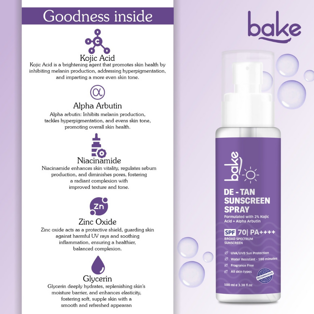 Bake De-tan Waterproof Sunscreen Spray SPF 70 PA+++ with 2% Kojic Acid | Grocsy
