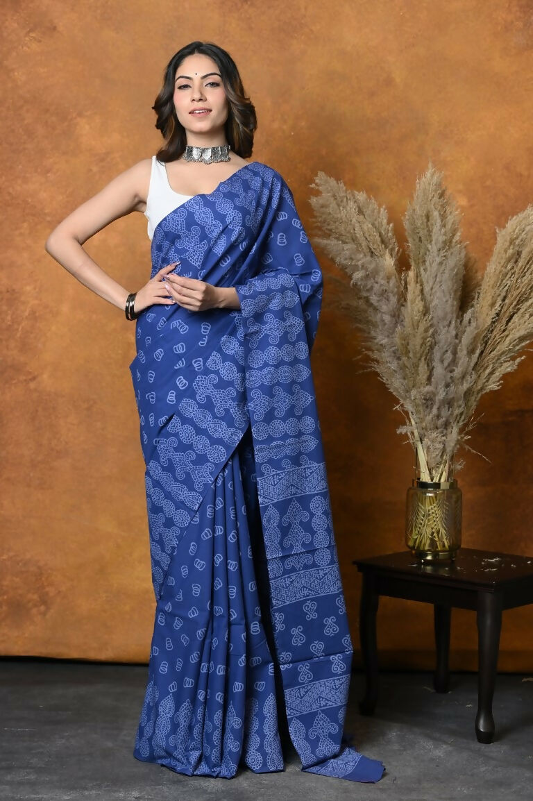 Very Much Indian Handblock Printed Cotton Saree With Natural Dyes - Indigo Blue | Grocsy