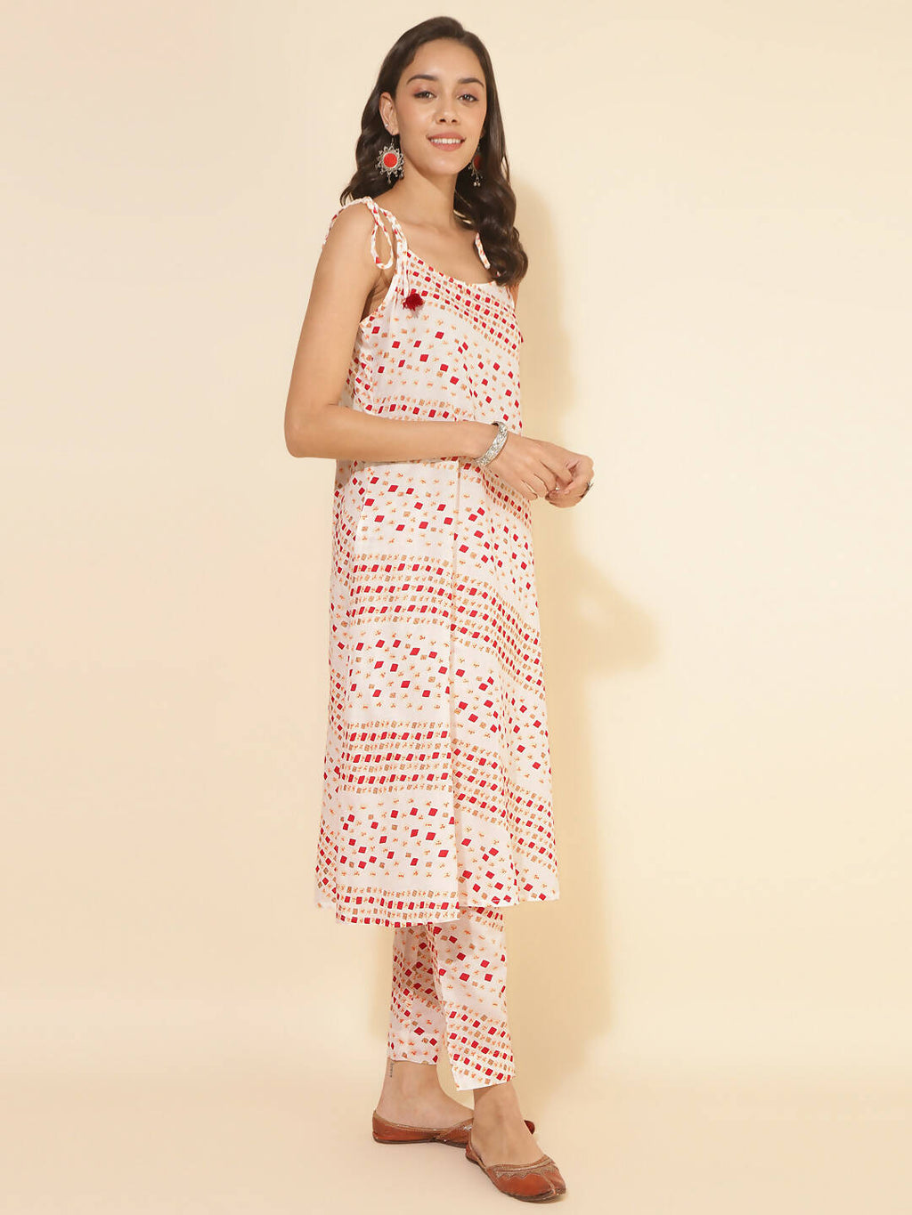 Janasya Women's White Cotton Geometric Printed Casual A-line Co-ords | Grocsy