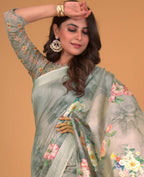 Green Cotton Silk Floral Printed Saree With Unstitched Blouse Piece - Akshita | Grocsy