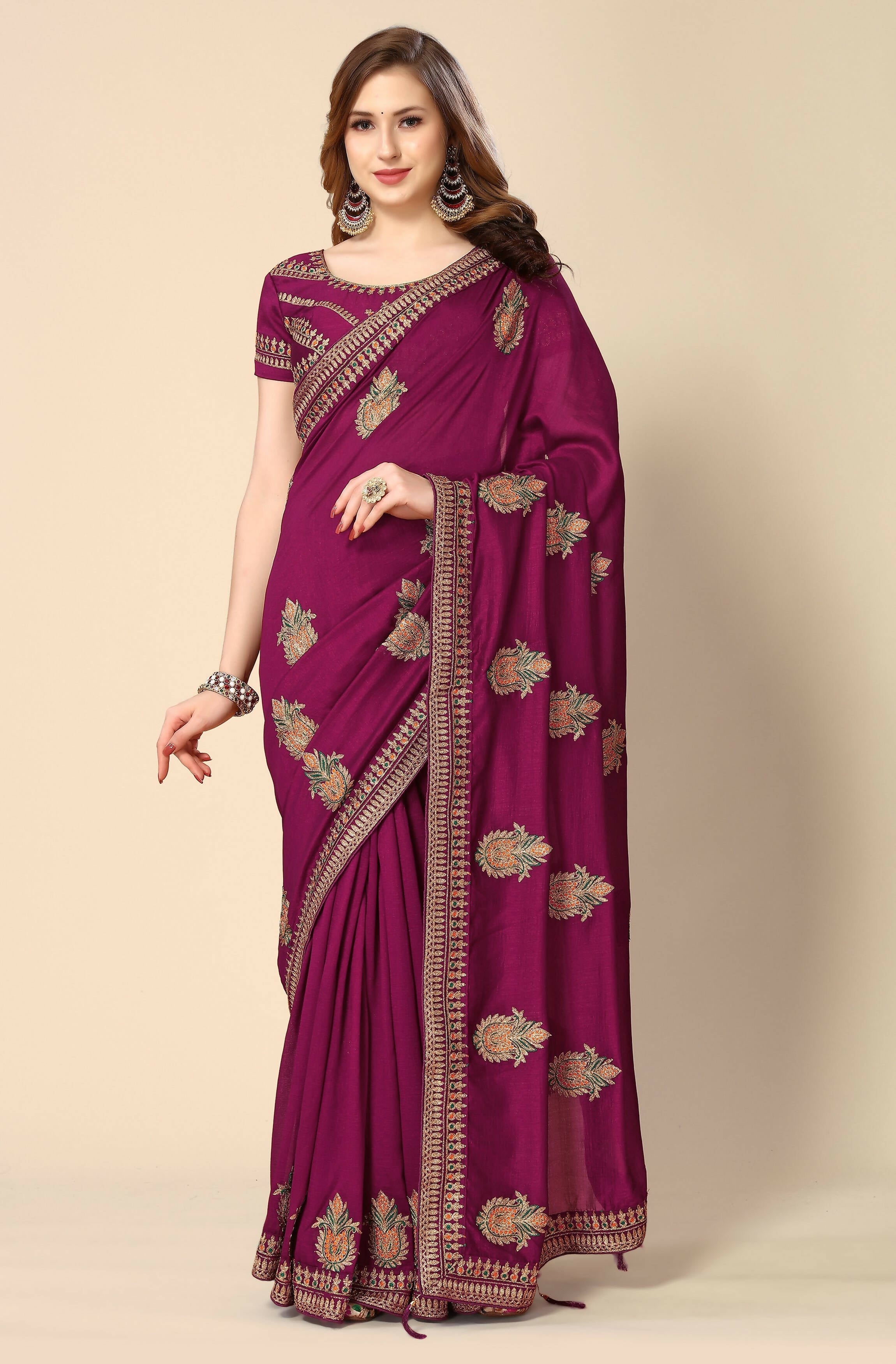 Wine Chinon Embroidered Saree with Unstitched Blouse Piece - Roozal | Grocsy