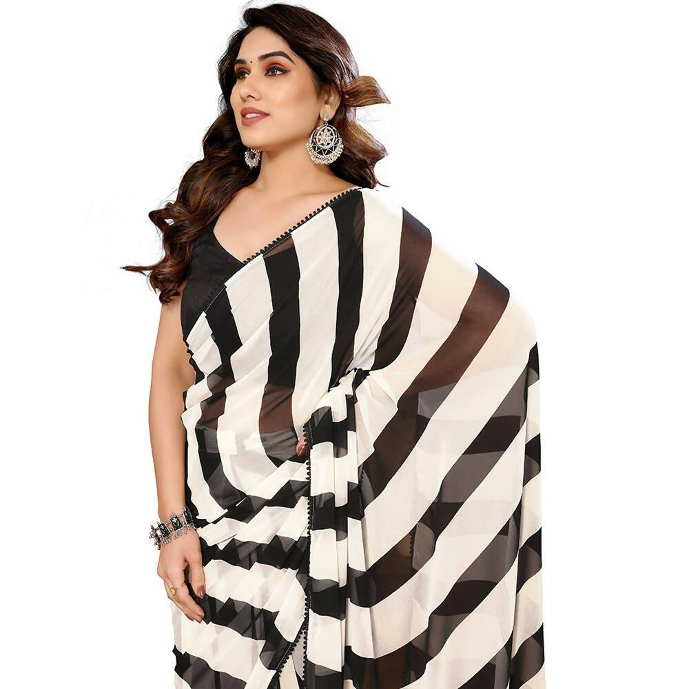 Women's Partywear Designer Black&White Georgette Fancy Saree - Satrangi | Grocsy