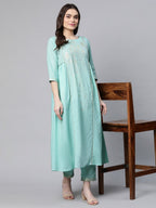 Ahalyaa Women Sea Green Colour Pure Cotton Gold Foil Print Kurta Pant Set | Grocsy