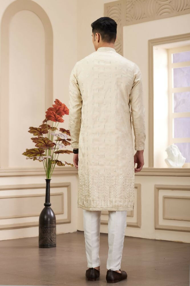 Raivat Ethnic Art Silk Thread Work Kurta Pajama In Beige Colour | Grocsy