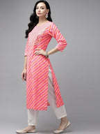 Yufta Women Pink Bandhani Yoke Design Regular Sequined Pure Cotton Kurta with Palazzo | Grocsy