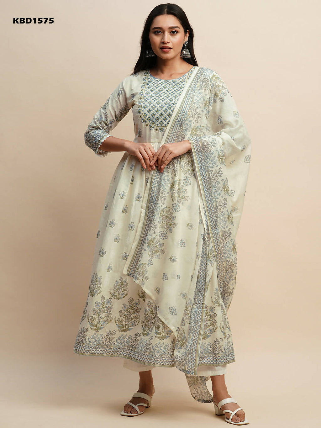 White And Blue Pure Cotton Floral Printed Anarkali Kurta And Bottom With Dupatta - Akashara | Grocsy