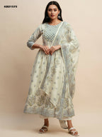White And Blue Pure Cotton Floral Printed Anarkali Kurta And Bottom With Dupatta - Akashara | Grocsy