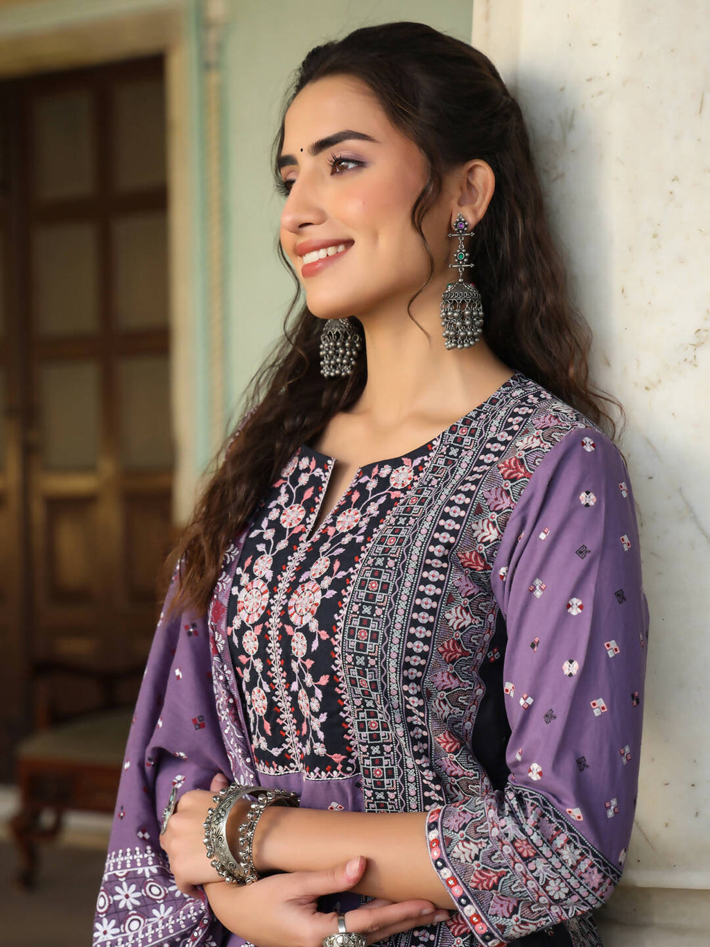 Juniper Women's Lavender Cambric Geometric Printed Mix And Match Kurta Palazzo And Dupatta Set | Grocsy